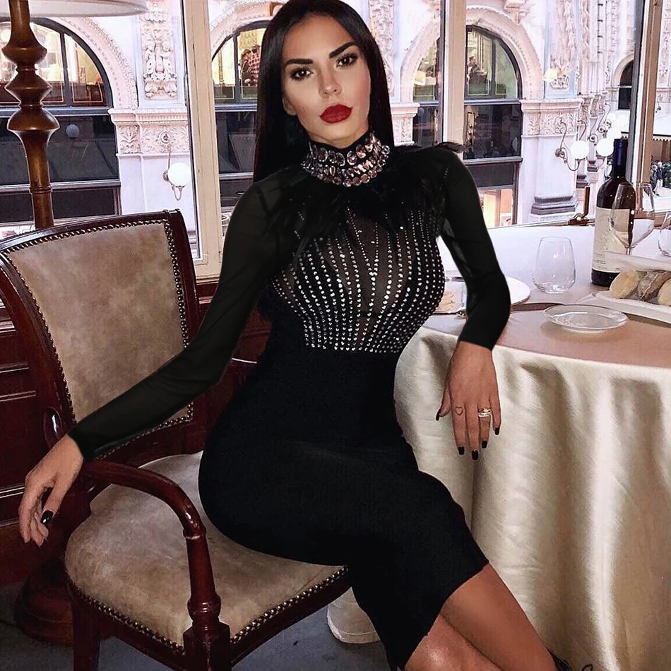 

Adyce 2019 New Women Bandage Dress Long Sleeve Black Feather Club Dress Vestido Luxury Diamond Celebrity Evening Party Dress