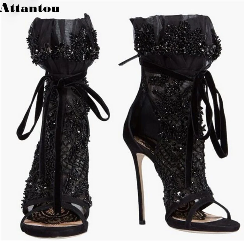 Sexy Lace High Heel Sandals Bling Rhinestone Decor Black Short Sandal Boots Women Hot Fashion Peep Toe Female Dress Shoes | Обувь