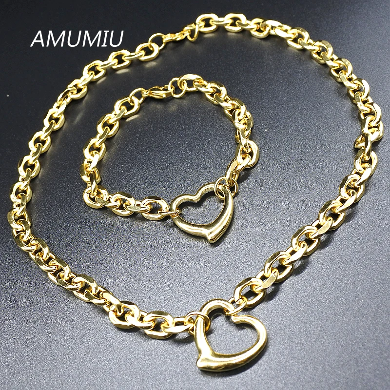 AMUMIU модные украшения сердце звено цепи цепочки и ожерелья Браслет наборы Золото Цвет высокое качество HZTZ105
