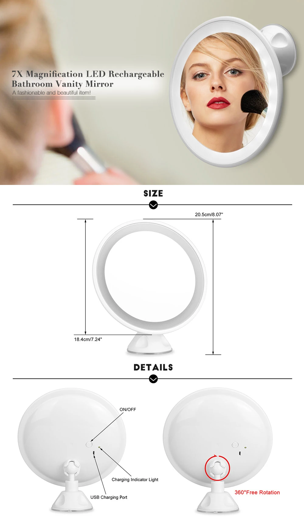 

New style 7X Magnification LED Rechargeable Bathroom Vanity Mirror SSwell