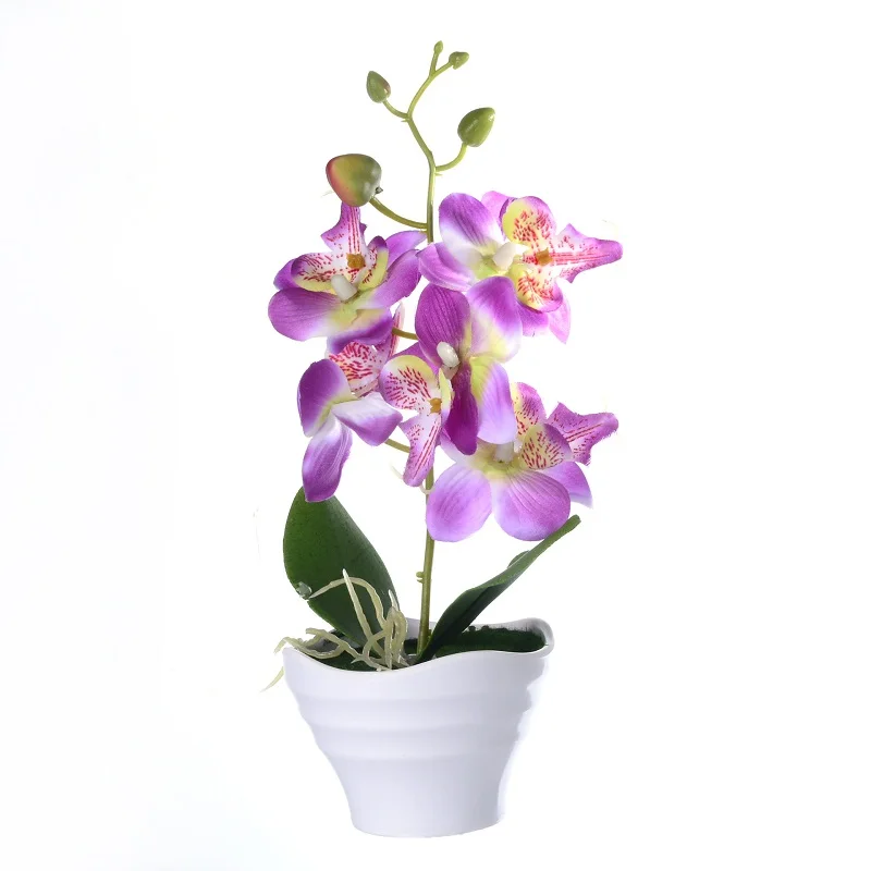 

1 Set Potted Artificial Orchid Flower+Foam leaf +Plastic vase Simulation Five Flower Heads Small Bonsai Home Decor Accessories