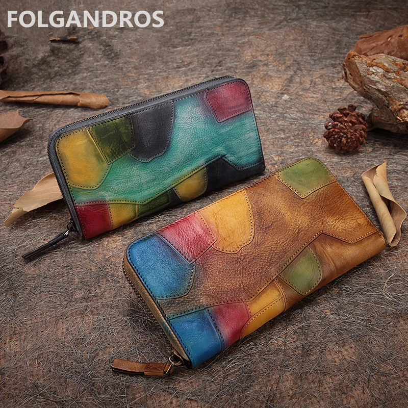 

New Arrival Vintage Genuine Leather Women Wallet 2018 Brand Designer Multi Color Patchwork Purse Ladies Retro Card Holder Wallet