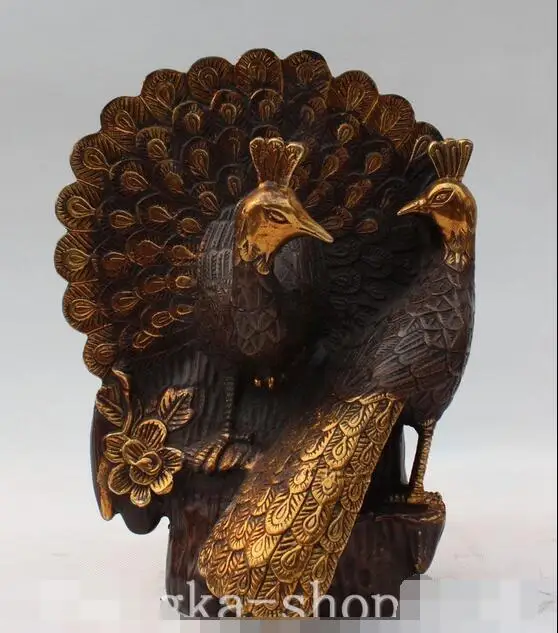 

8" China Fengshui Bronze Gilt Auspicious Peacock Peacocks peafowl Animal Statue