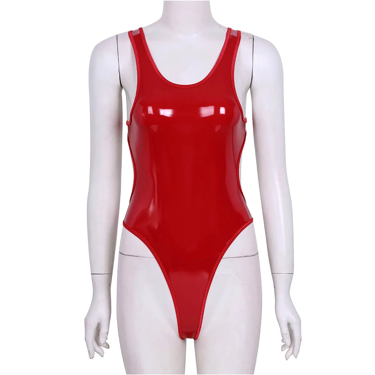 Женские цельные боди эротичные боди Wetlook из искусственной кожи без рукавов с открытой спиной и высоким вырезом гимнастический купальник пижама в виде боди