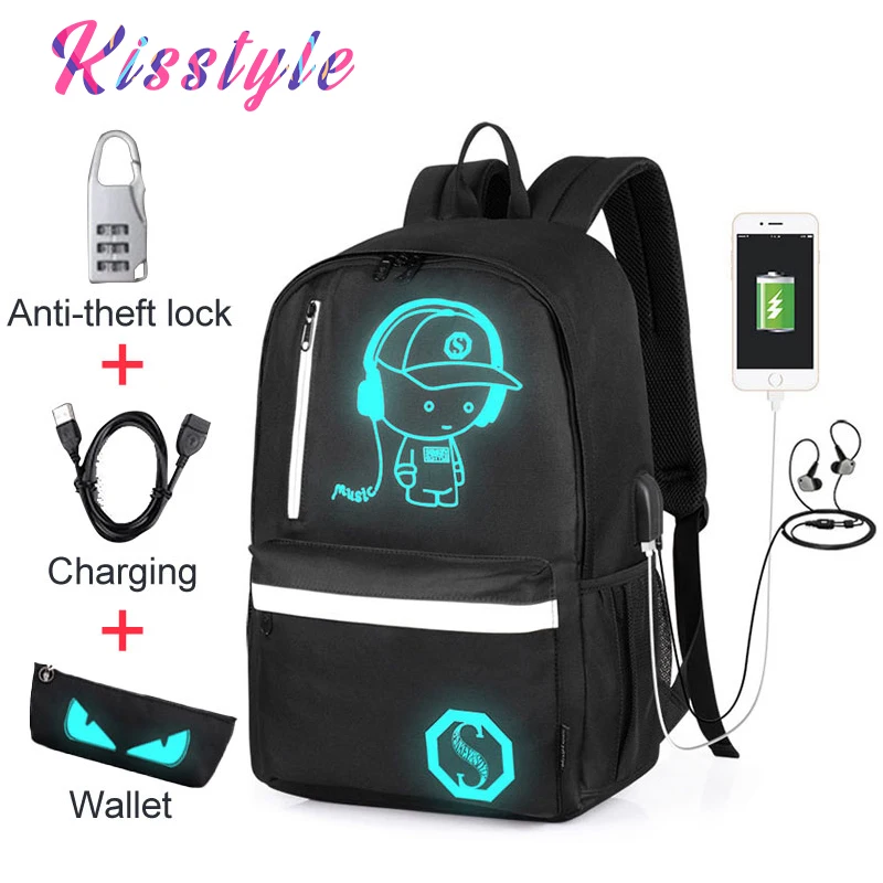 

Kisstyle Male Backpacks USB Charging Student School Backpack Anti theft 15.6inch Laptop Bag for Teenagers Boys Luminous Backpack