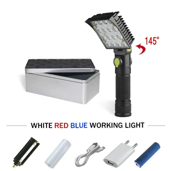 

Usb LED flashlight 16 led red blue white Three light portable 18650 or AAA with magnetic waterproof car repair lantern torch