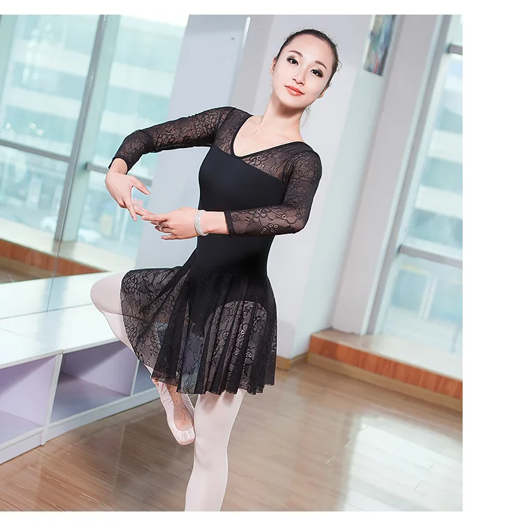 Взрослых балерина с длинным рукавом Кружева балетное платье трико для танцевальной гимнастики костюм для Для женщин Одежда для танцев