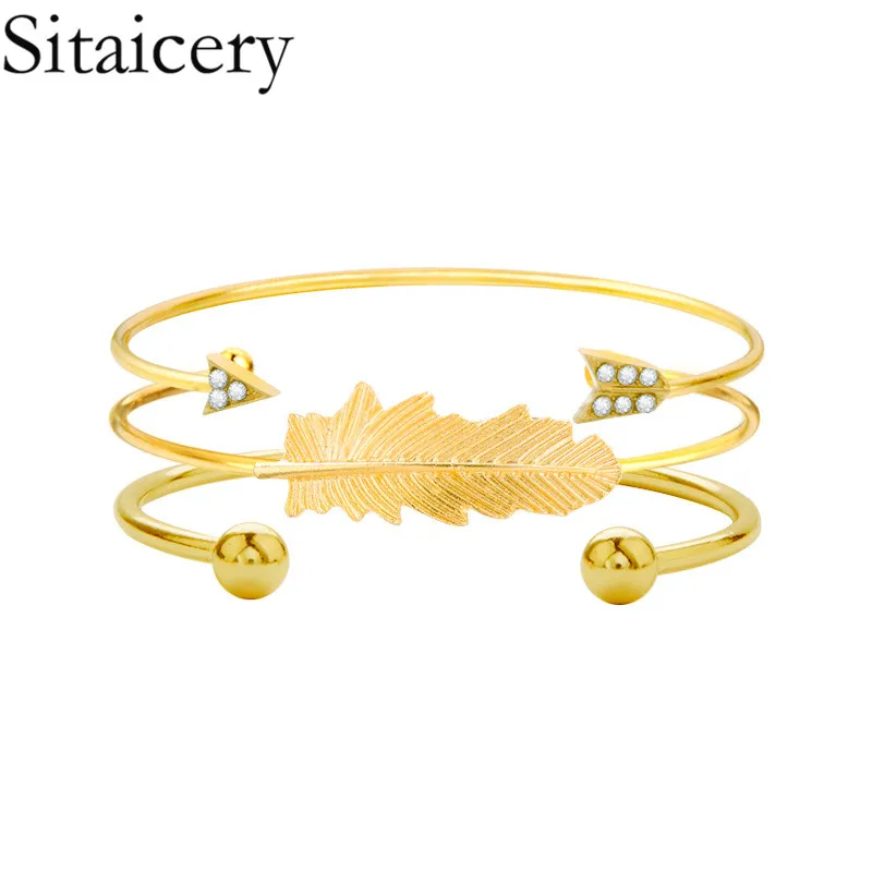 

Sitaicery 3PCS/Set Fashion Crystal Arrow Leaves Gold Bracelet Set Bohemian Friendship Women's Bracelet Vintage Jewelry Wholesale