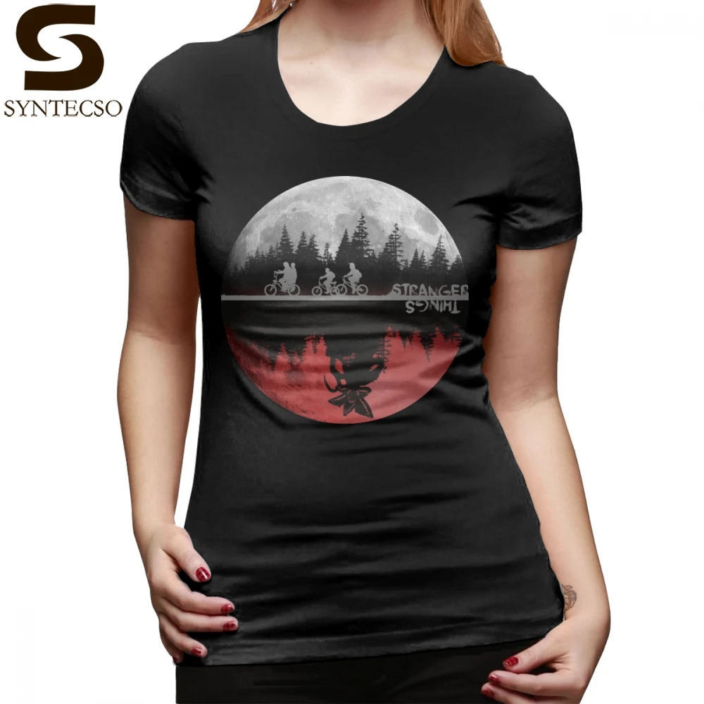 

Moon T-Shirt Stranger Things T Shirt Black Graphic Women tshirt O Neck Short Sleeve Large Street Wear Cotton Ladies Tee Shirt