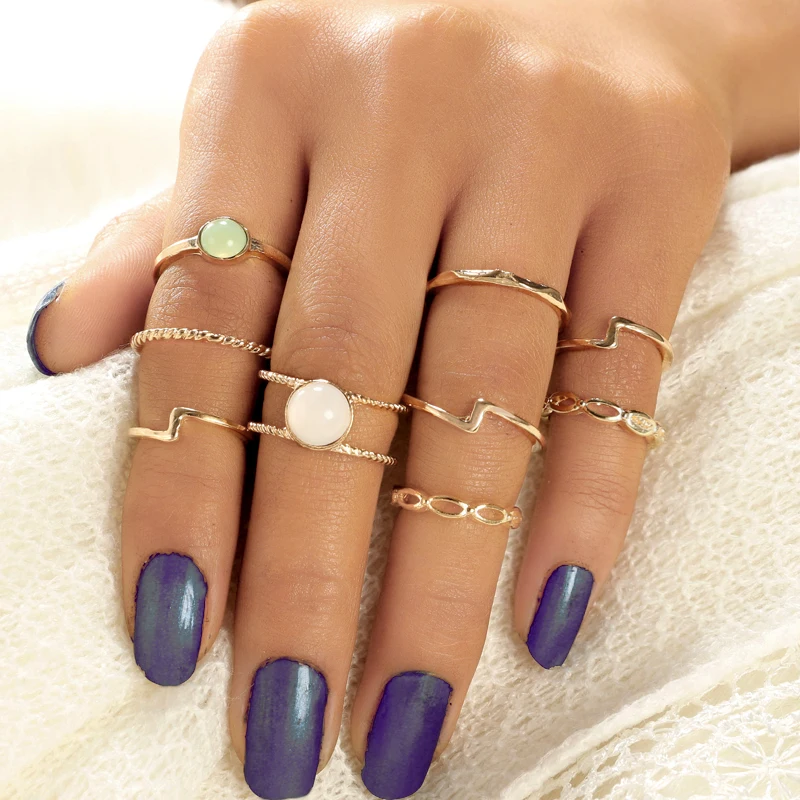 

Bohemia Finger Rings Set for Women Irregular Hollow Knuckle Rings with Opals Gold Color Ring Jewelry 9pcs/set