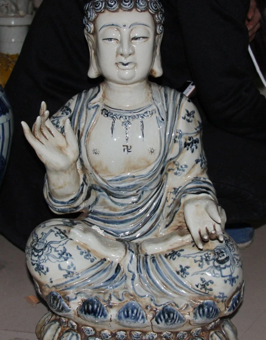 

23" Old Tibet Blue Porcelain Shakyamuni Sakyamuni Amitabha Buddha Bowl Statue