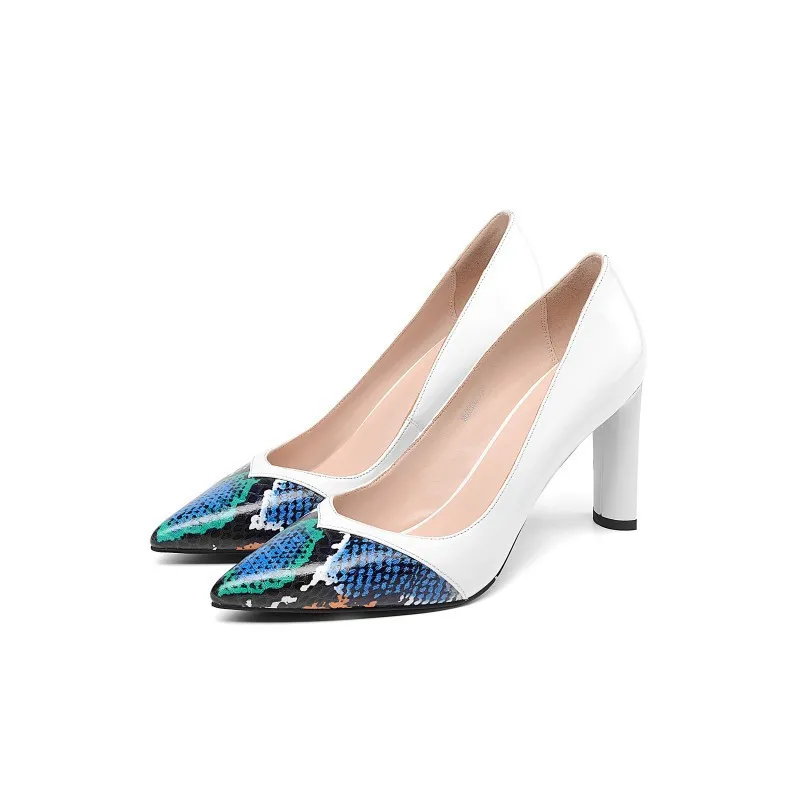 

2019 spring and autumn new color matching thick with high-heeled shoes pointed low-cut women's shoes white 0324