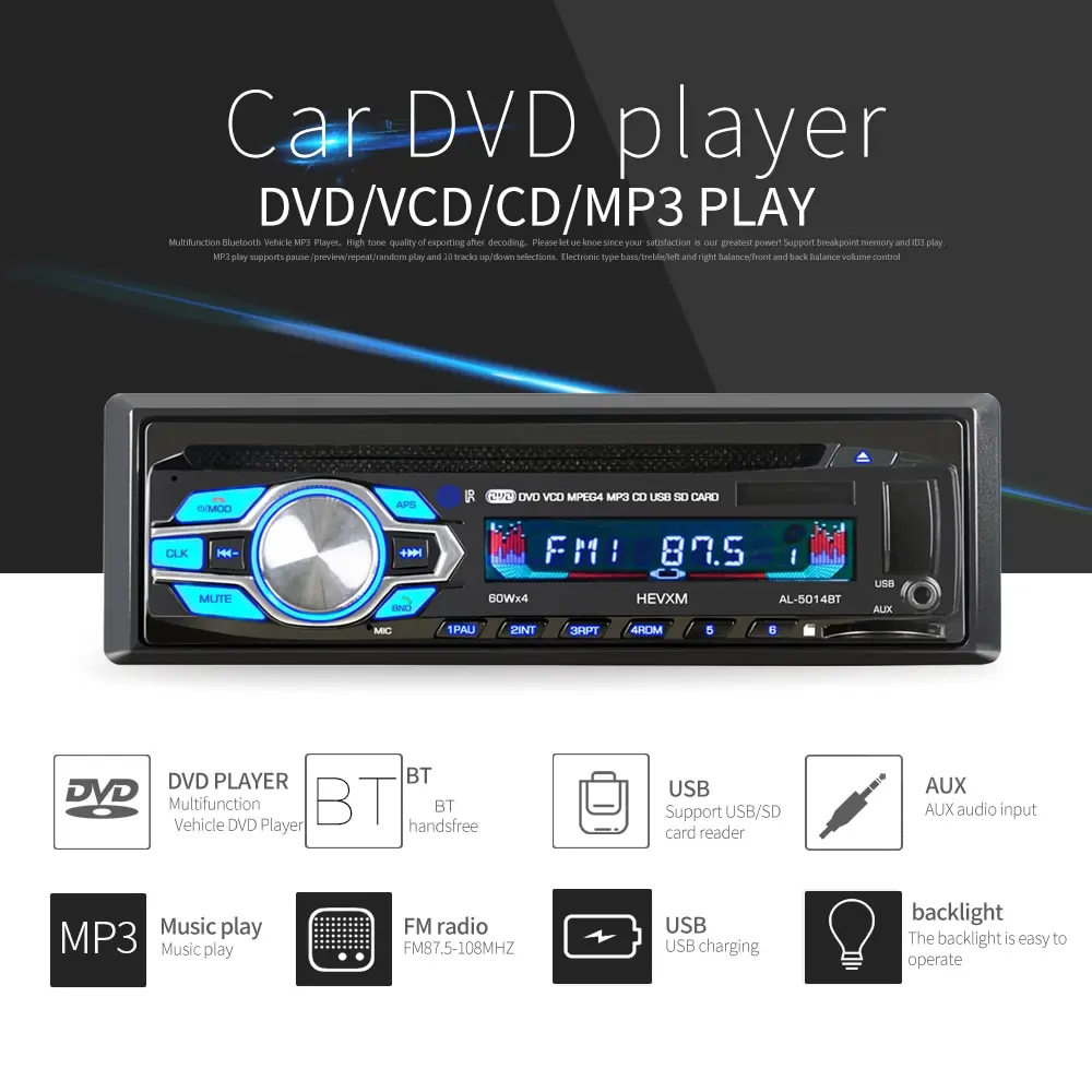 

1 Din 12V Car DVD CD Player Vehicle MP3 Stereo Car Handfree Autoradio BT Audio Radio 5014 Car-styling Wireless Remote Control