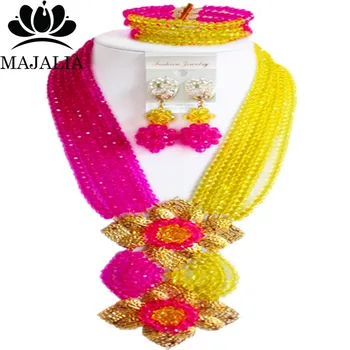 

Majalia Fashion Nigerian Wedding African Jewelry Set Hot pink and Yellow Crystal Necklace Bride Jewelry Sets Free Shippin 6SE053