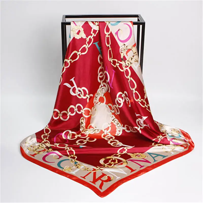 Весна Лето цвета Хаундстут цветочный принт шелковый шарф для женщин большой сатиновый хиджаб шарфы платок Обертывания 90x90 см - Цвет: red