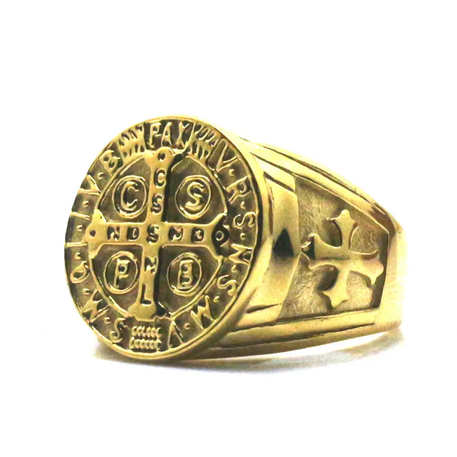 

Ladys Size 5 To 10 CSPB CSSML NDSMD Saint Benedict of Nursia Christianity Jesus Exorcism Golden Ring 316L Stainless Steel