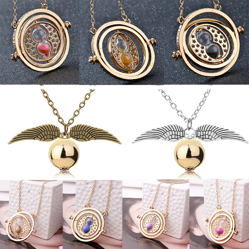 

Retro Triangle Round Sweater Chain Necklace Jewelry Movie Harri Pot Time Hourglass Turner Magic School Badge Pendant for Fans