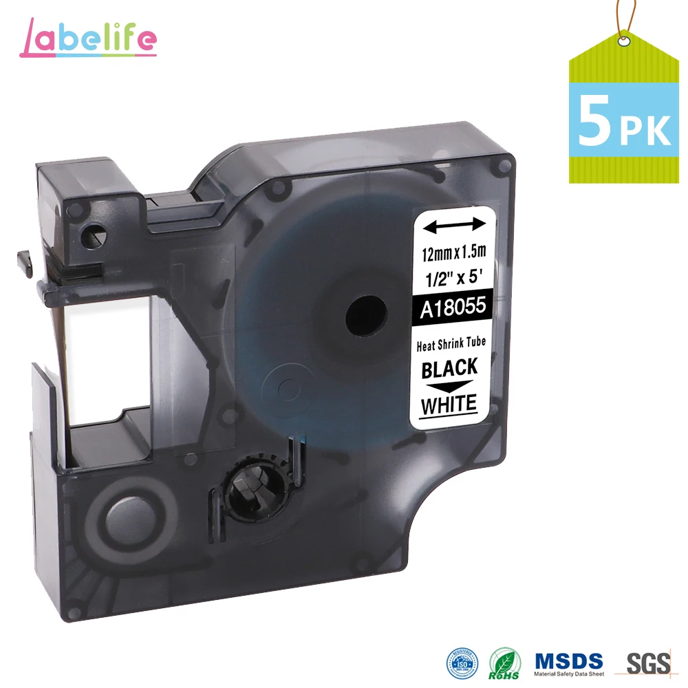 Labelif 5 упаковок 18055 S0718300 черный на белом 12 мм для DYMO Rhino IND термоусадочные трубки