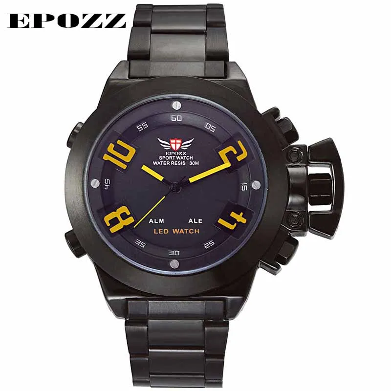 Мужские часы с большим циферблатом, полностью стальные, цифровые, армейские, военные, наручные часы, relogio masculino, бренд Epozz, водонепроницаемые, модный дизайн, montre - Цвет: Yellow