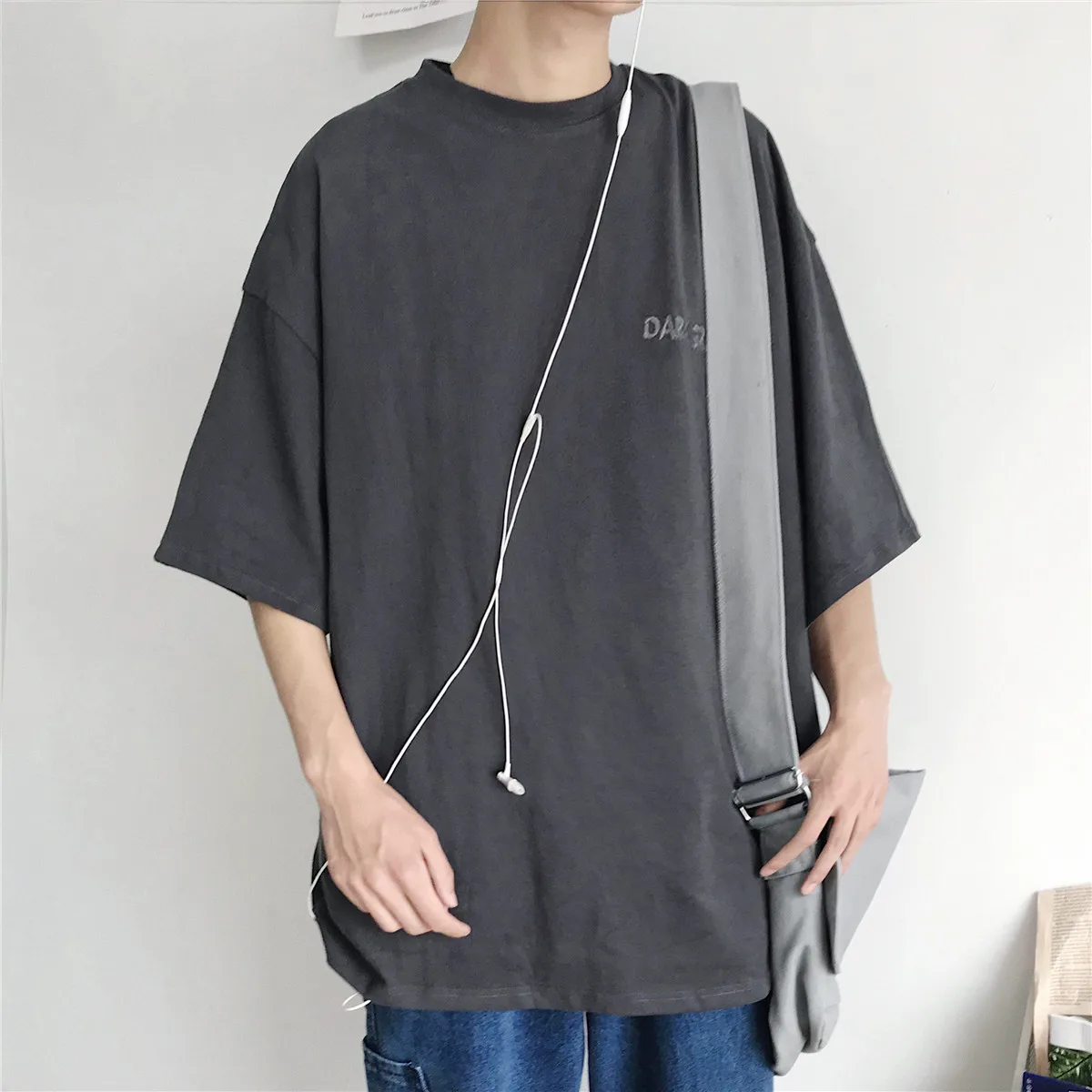 Dark grey Свободная футболка для отдыха Мужская Весна Лето Чистый хлопок воротник Топ короткий рукав большой размер мужская хип хоп - Цвет: Dark grey