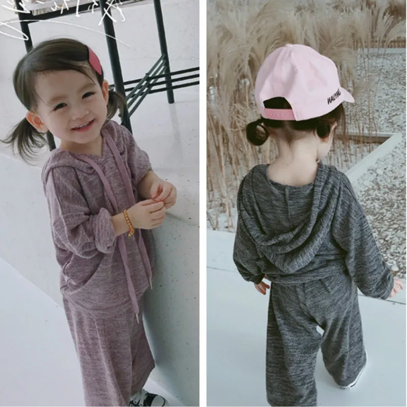 

Spring Autumn fashion solid color clothes sets for cute girls long sleeve loose hooded sweatshirt and wide leg pants 2pcs suits