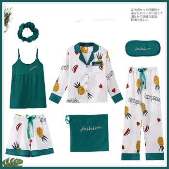

autumn women's pajamas 7 pieces warm cotton print pajamas set casual female sleepwear long sleeve pangts pyjama home suit