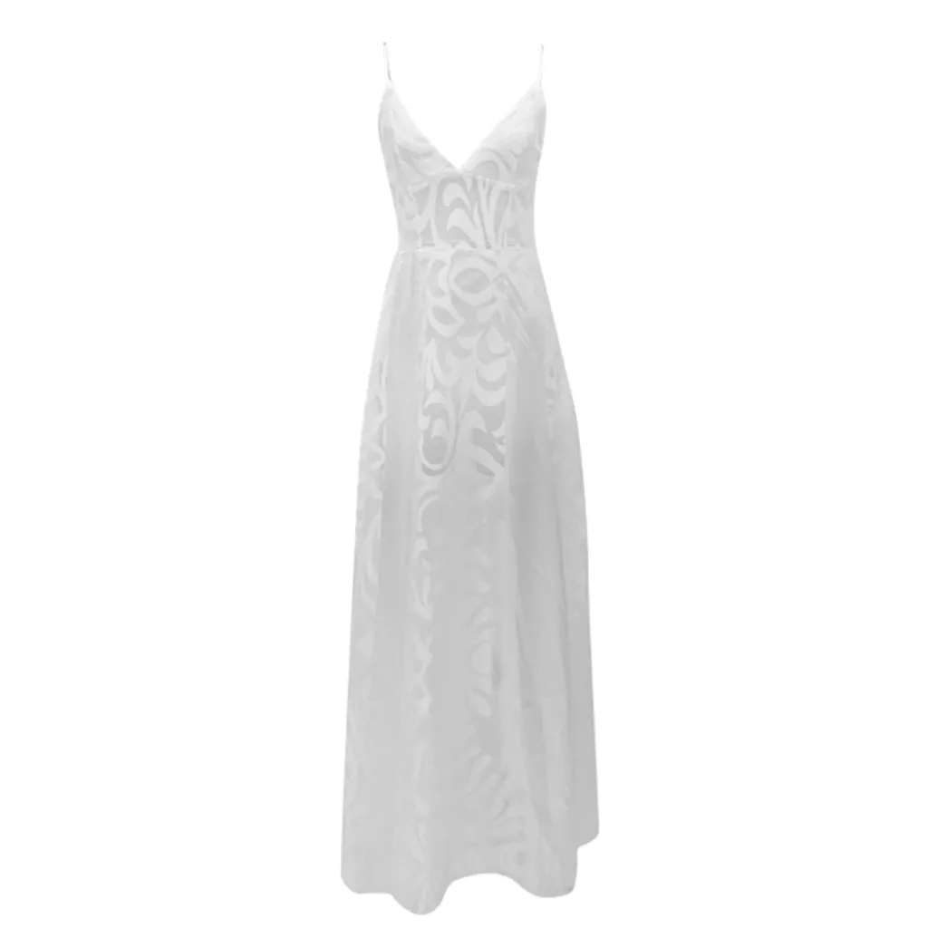 Beach Dress Women Summer Spaghetti Straps V-Neck Wedding Bridal Dresses Striped Perspective White Maxi Dress Robe Femme