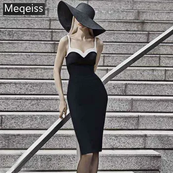 

2019 New Summer Women Bodycon Bandage Dress Vestidos Verano Strapless Black&White Midi Celebrity Evening Party Dress Clubwears