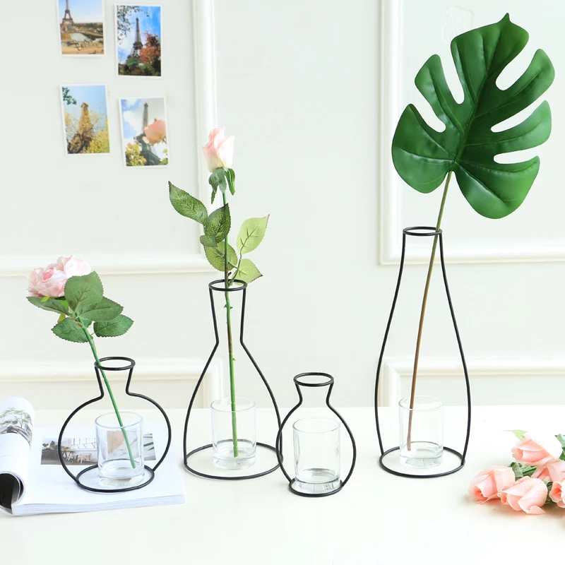 Creative Iron Shelving Flower Plant Vase Metal Frame Glass Flower Vase Stand Holder Terrarium Container Home Decor