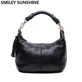 

SMILEY SUNSHINE soft real genuine leather women handbags hobos tassel shoulder bags female tote hand bags crossobdy bags black