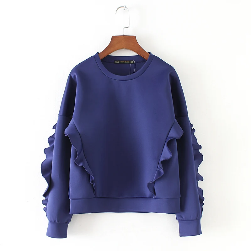 

2018 New Arrival Polyester Spandex Streetwear Broadcloth Full O-neck Solid Color Loose Lotus Leaf Sleeve Ladies Sweatshirt
