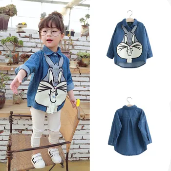 

Autumn Children Girls Denim Shirts Long Sleeve Cartoon Rabbit Blouse Casual Fashion Chemise Children's Spring Chothing
