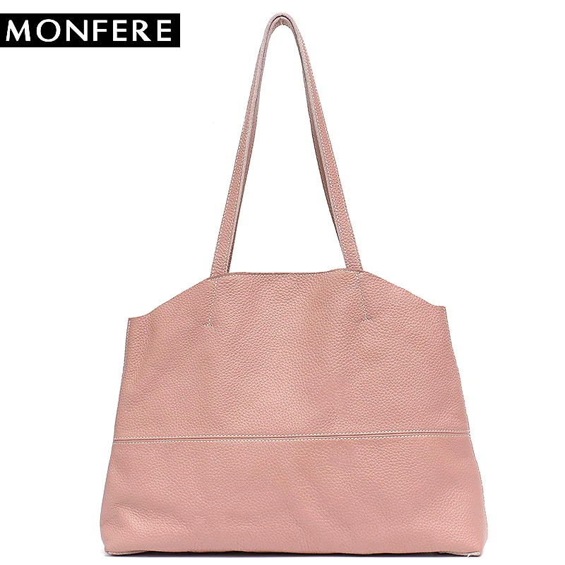 

MONFERE Causal Tote Genuine Leather Shoulder Bags& Handbag for Women 2018 England Style Solid Hasp Big Cow Leather Bag&Liner Bag