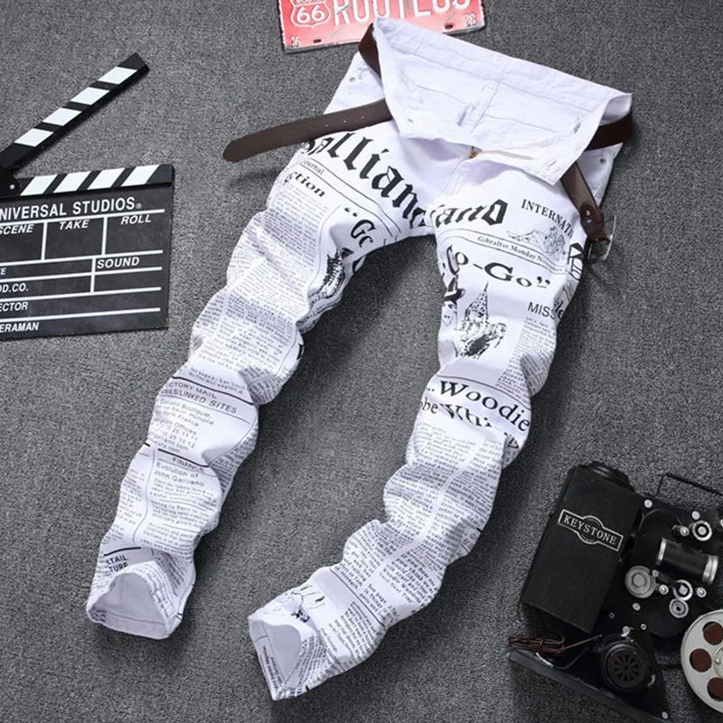 Мужчин джинсы стрейч белые буквы печать мужчины повседневная slim fit брюки