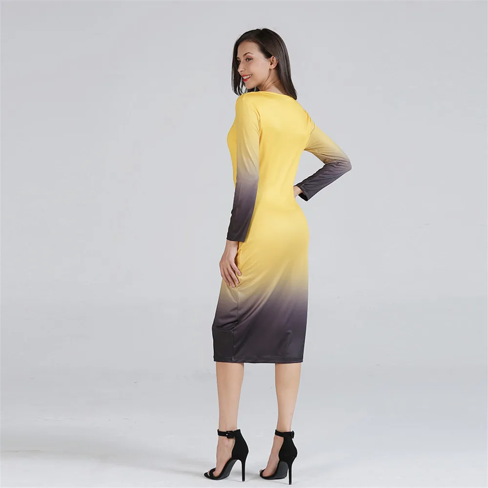 Women Basic Dress 2018 Gradient Ramp O Neck Long Sleeve Slim Dresses Bodycon Midi Office Working Dress Elegant All Match (4)