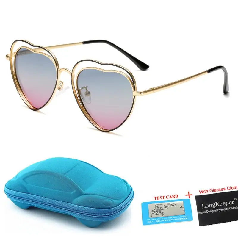 LongKeeper поляризационные солнцезащитные очки для детей в форме сердца солнцезащитные очки с чехлом для детей, с застежкой на двойную металлическую оправа градиентные очки UV400 - Цвет линз: grey pink