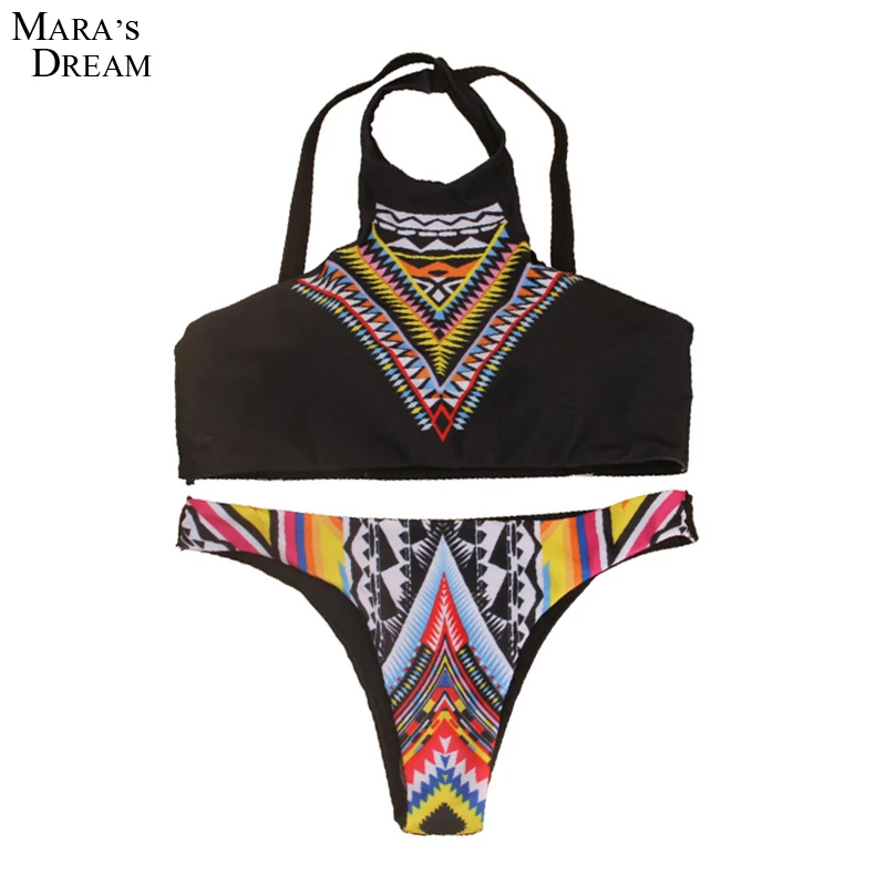 

Mara's Dream 2017 New Women Bikinis Geometry Swimwear Slim Print Swimsuit Biquini Bathing Suit High Neck Push up Bikini Set