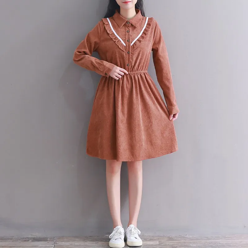

Mferlier Mori Girl Autumn Winter Cordury Dress Long Sleeve High Waist Dress Mujer Vintage Elegant Sweet Dresses