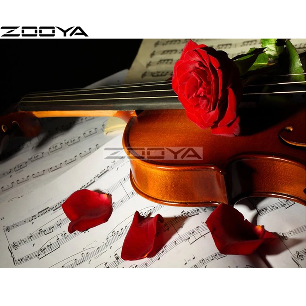 Diamond Embroidery 5D DIY Round Painting Wall Sticker Rose Violin Music Book Pictures Of Rhinestones Cross-Stitch R1568 | Дом и сад
