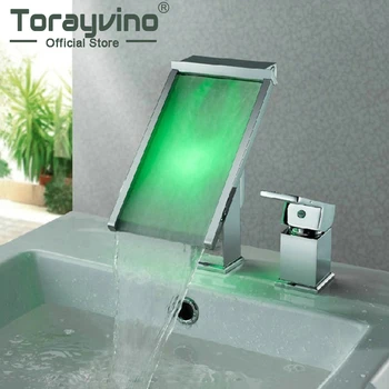 

2 Pcs Faucet Set Waterfall Bathroom Basin Faucet Water Power Basin Mixer Chrome Faucet 3 Colors Change LED Tap JN6110B