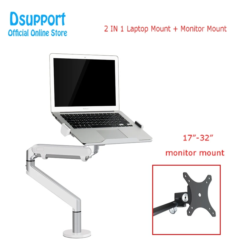 

OZ-1S Aluminum 2 in 1 Mount 12-17 inch Laptop Holder + 17-32 inch Monitor Holder Gas Strut Arm Desktop Support Bracket Load 8kgs