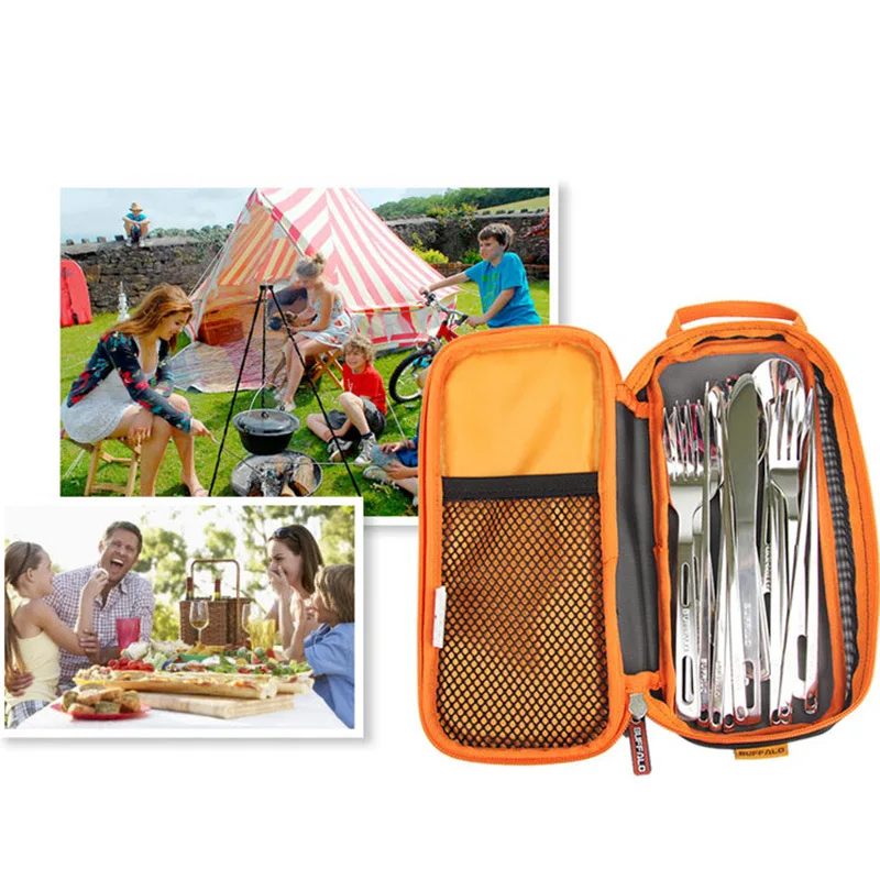 Al aire libre 14 unidades de acero inoxidable juego de vajilla 4 personas Camping Picnic barbacoa suministros de gran capacidad tenedor cuchara palillos