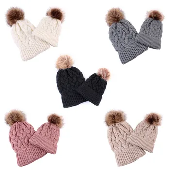 

Mother+Baby Beanie Knitted Cap Toddler Kids Girl&Boy Winter Warm Chunky Crochet Knit Hat Fur Pompom Ski Hats 2PCS