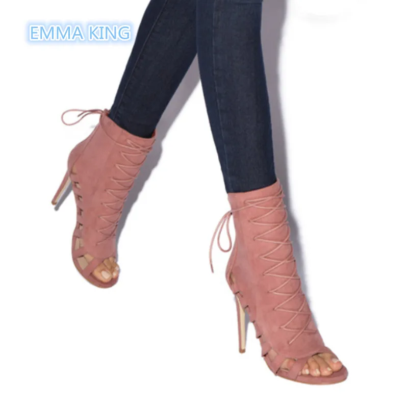 

Spring Autumn Lace-Up Peep Toe Fashion High Heels Ankle Boots Women Cut-Out Hollow Sexy Ladies Shoes Back Zipper Roman Booties