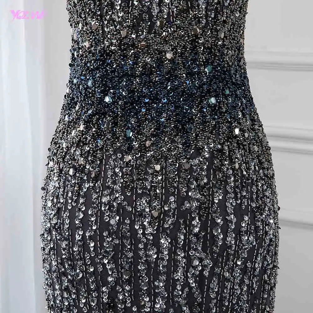 Luxury Gray Feathers Evening Dresses Long Off Shoulder Crystal Mermaid Evening Gown Competition YQLNNE Luxury Gray Feathers Evening Dresses Long Off Shoulder Crystal Mermaid Evening Gown Competition YQLNNE