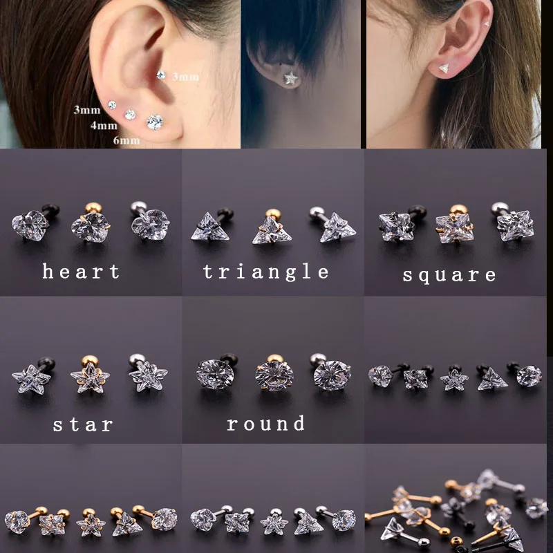 

Sellsets gold black silver color surgical steel square round heart triangle square zircon cartilage tragus helix ear piercing