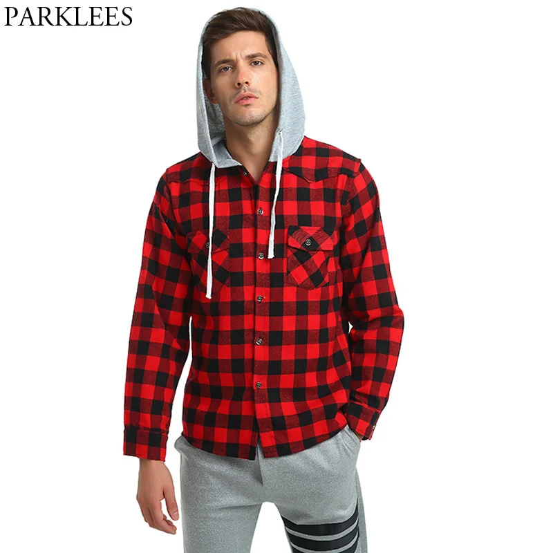 Plaid Hooded Shirt Men 2017 Brand New Mens Hoodies Shirts Long Sleeve