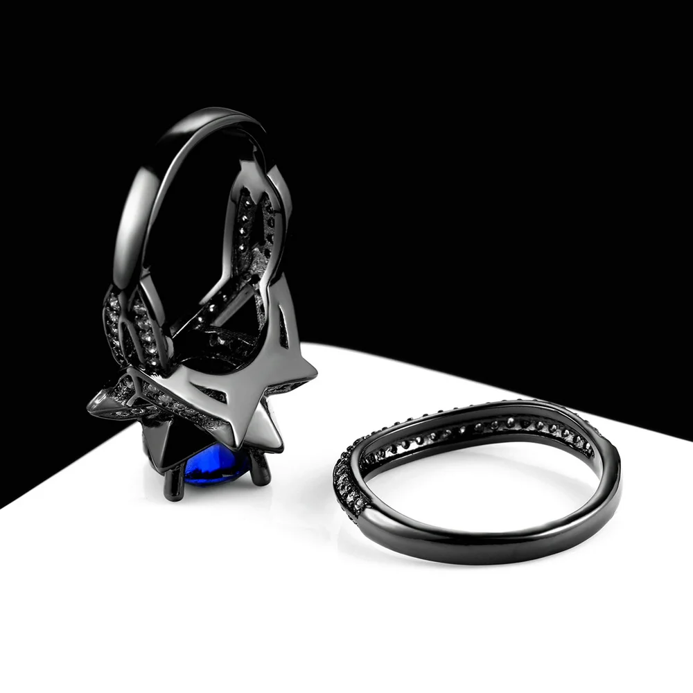 Double Fair Brand Cubic Zirconia Blue Crystal Rings Sets Black Gold Color Engagement Party Ring Sets Women Jewelry Gift DFR703