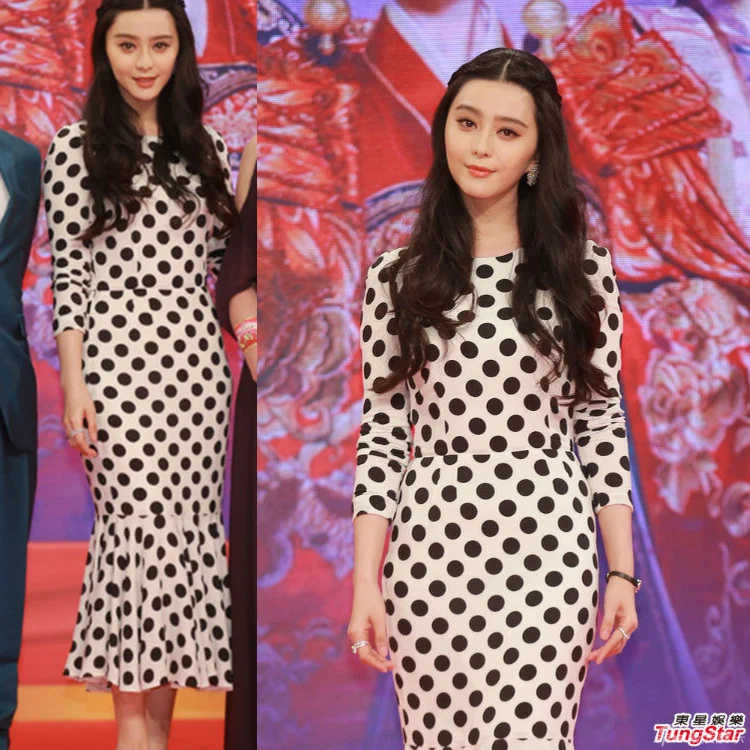 

Women Plus Size 3XS-10XL Celebrity Runway High Waist Bodycon Long Sleeve Polka Dot Print Chiffon Mermaid Fishtail Autumn Dress