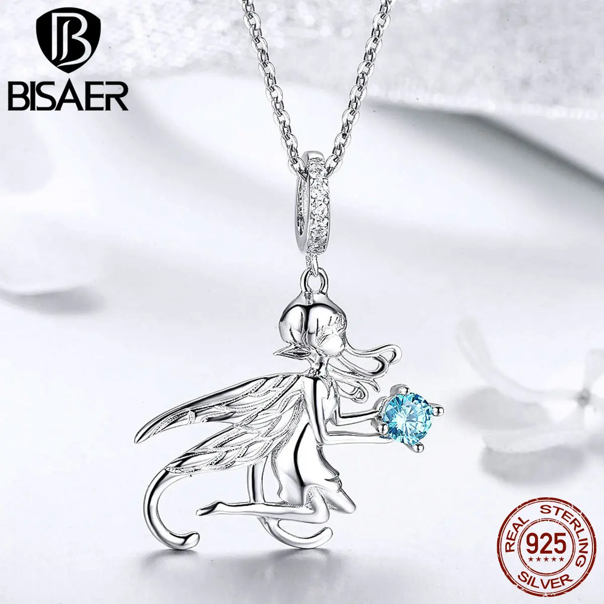BISAER 925 пробы серебро волшебная фея Голубой цирконий Подвеска Шарм для оригинальный Шарм, изготовление украшений женский подарки GAC068